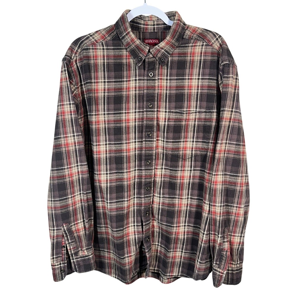 Merona Men's Flannel Button Down Shirt Plaid Red Gray XL